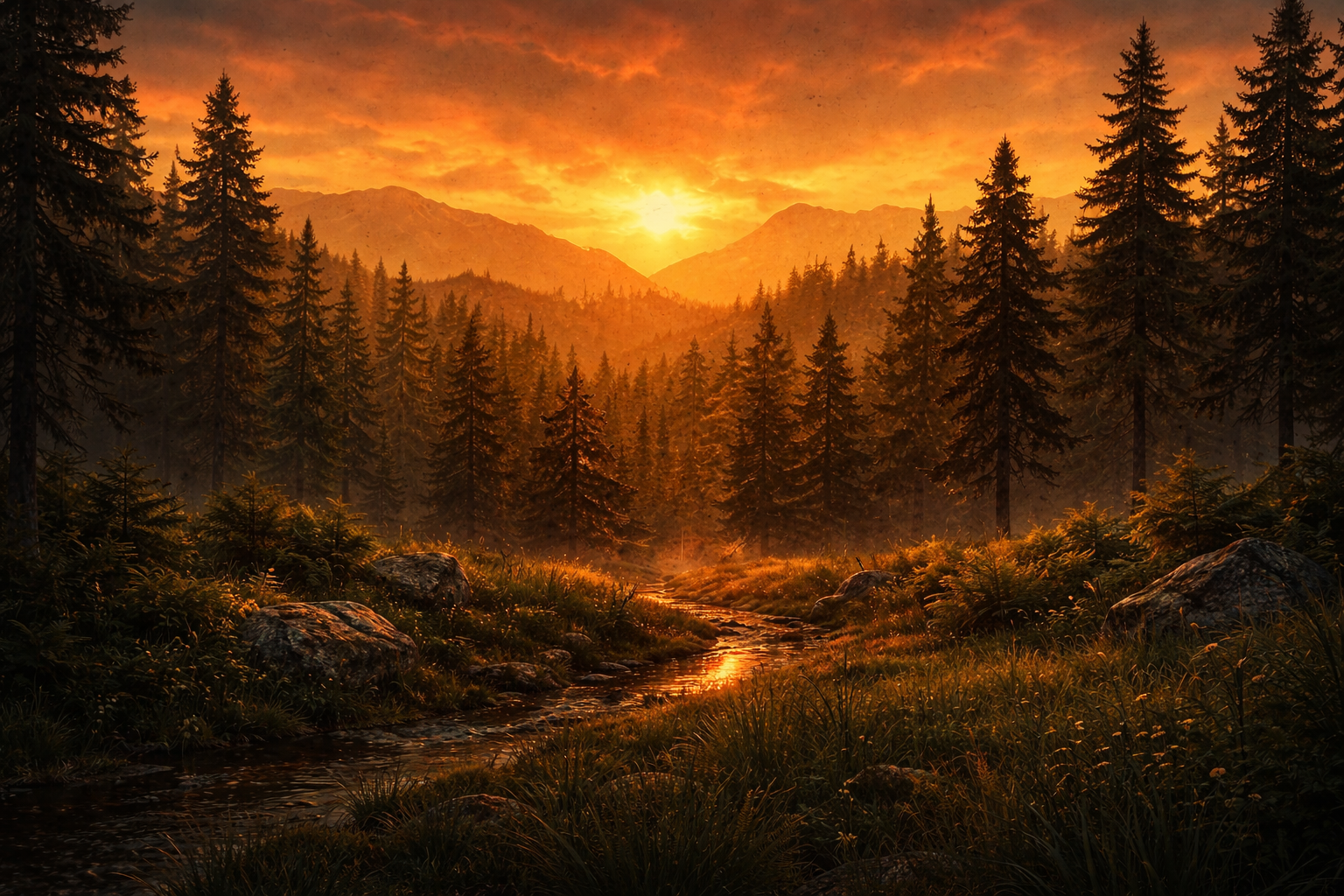 Dense forest landscape at dusk representing EU Main server terrain